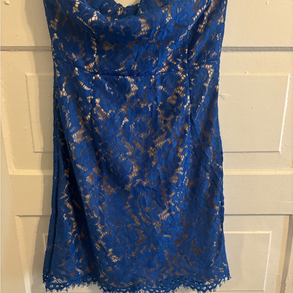 Blue Lace Strapless Dress